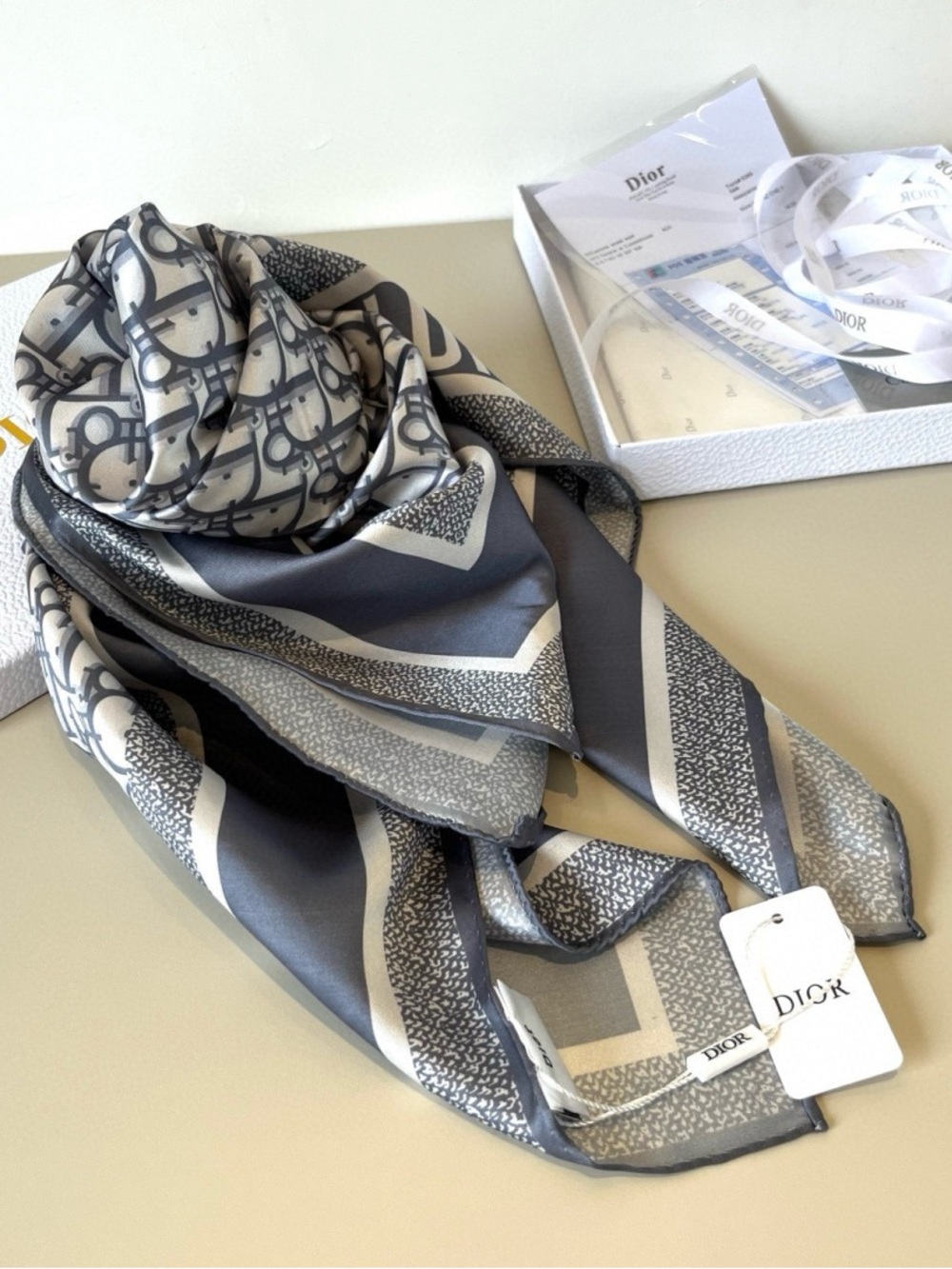 Dior Monogram Silk Scarf in Gray, White and Black